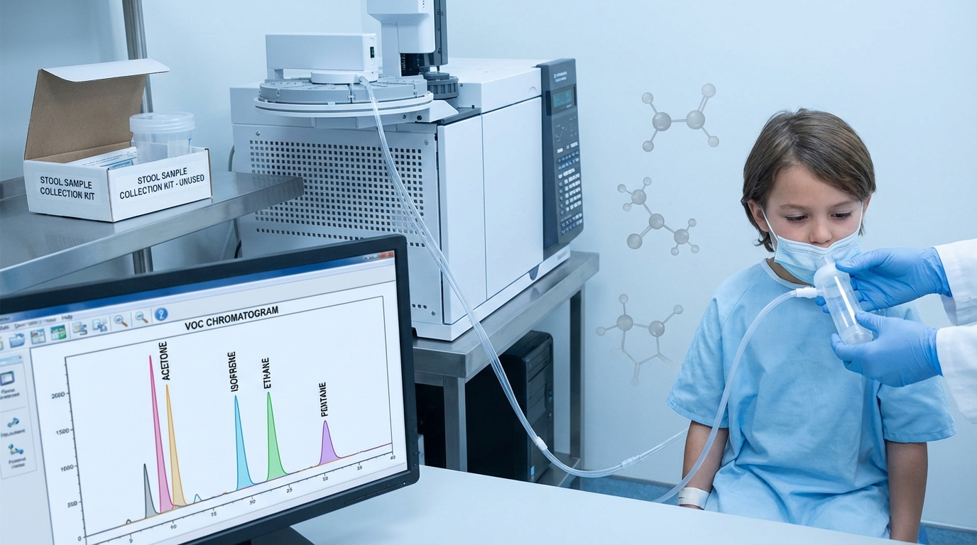 Child breathing into a VOC collection device connected to a GC-MS instrument, with chromatogram results displayed on screen and an unused stool collection kit in the background