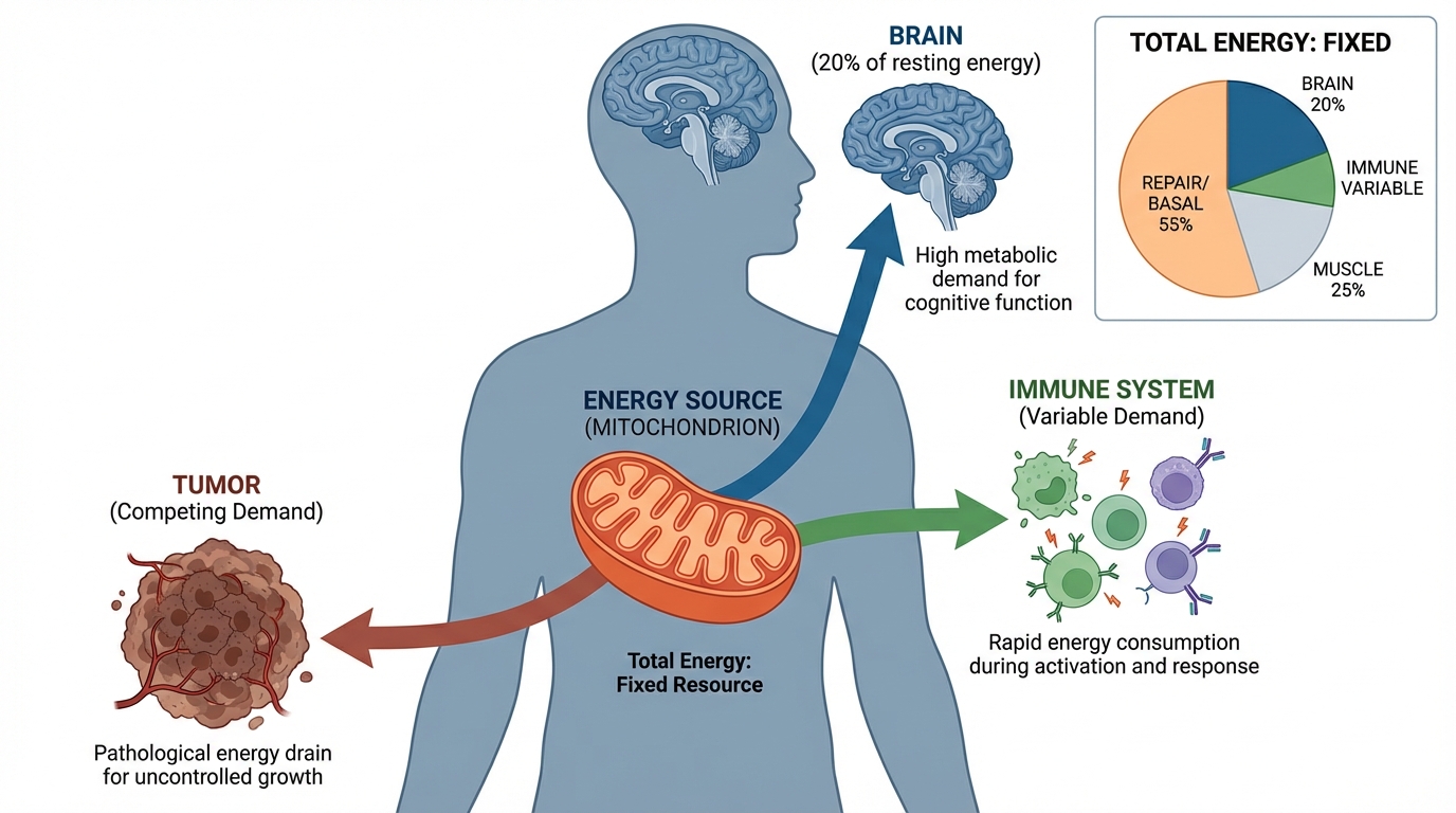 Infographic showing the body's finite energy budget with competing demands from brain, immune system, and tumor growth flowing from a central mitochondrial energy source