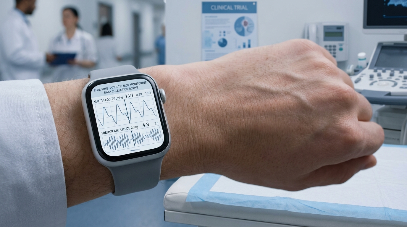 Apple Watch-style smartwatch on a clinician's wrist showing real-time gait velocity and tremor amplitude monitoring data in a clinical trial setting